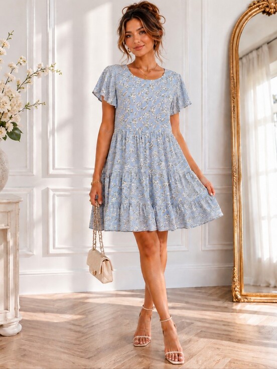 Doe & Rae Dresses & Skirts - Doe & Rae | Blue Floral Tiered Mini Dress | Size Small | Flutter Sleeve Lined